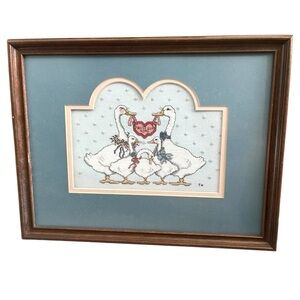 Vintage Framed Cross-Stitch Family of Geese “Bless Our Home” Artwork